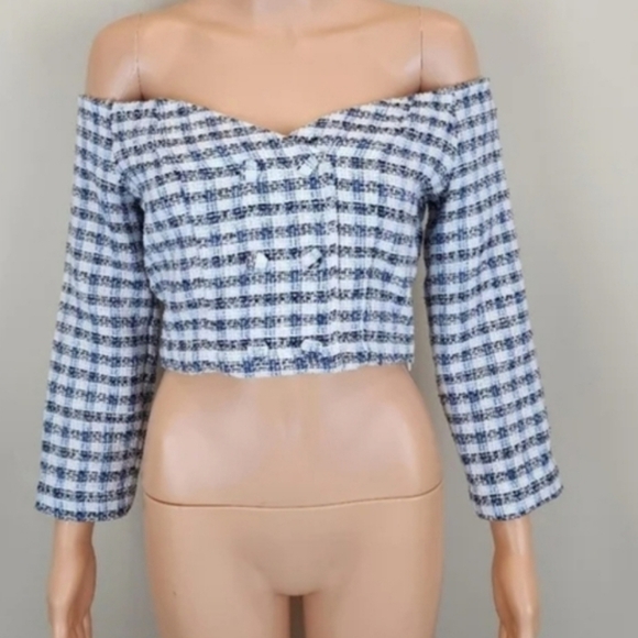 Zara Tweed Off Shoulder Long Seeve Cropped Top Size XS - Picture 9 of 10